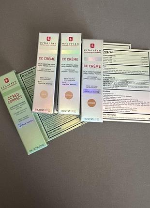 Набір сс кремів erborian cc red correct, erborian cc creme centella asiatica сс spf 25 у відтінку light, medium, bronze, усі по 5 мл