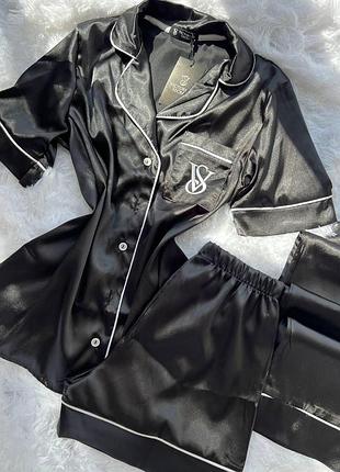 Женская пижама черная шелковая victoria's secret satin — сатиновый комплект-тройка: рубашка, шорты и брюки m