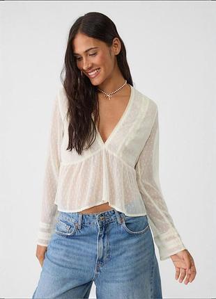 Блуза женская stradivarius l молочная прозрачная с баской и длинным рукавом новая