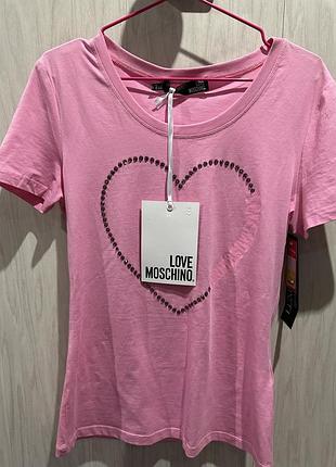 Футболка жіноча love moschino рожева з серцем зі страз, s-m