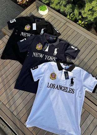 Футболка поло polo ralph lauren new york брендовая – классическая тенниска ральф лорен лос-анджелес с нашивками черный, m
