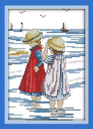 Набор для вышивания крестиком по нанесённой на канву схеме "sisters on the beach".(aida 14ct printed,19*27 см)