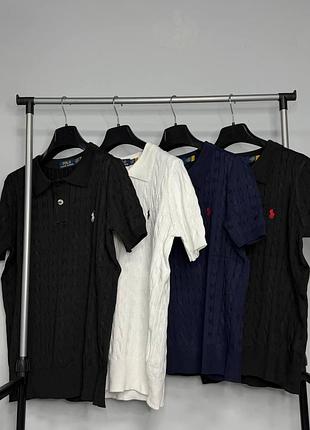 Мужская вязаная футболка-поло polo ralph lauren - тенниска ральф лорен в мелкую косичку (черная, белая, синяя) синий, xl