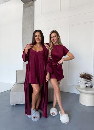 Комплект жіночий четвірка халат сорочка футболка шорти jessica collection s-m бордовий
