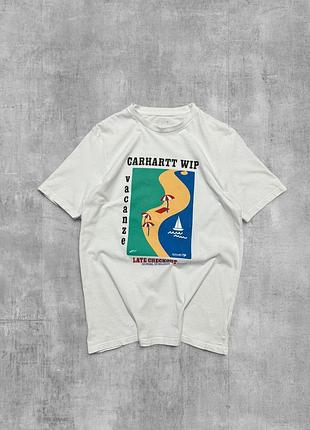 Футболка carhartt wip оригінал біла молочна футболка кархарт з принтом vacanze late checkout
