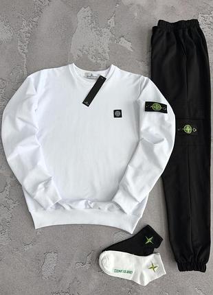 Костюм спортивный мужской stone island white! костюм белый свитшот + черные штаны stone island! материал двухнитка! размеры xs-3xl!