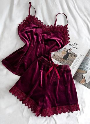 Женский велюровый комплект майка та шорты helen collection l-xl бордо