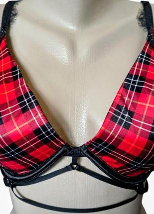 Шикарний бюстгальтер victoria's secret very sexy plunge bra в клітинку тартан портупея кружево 32ddd / f70