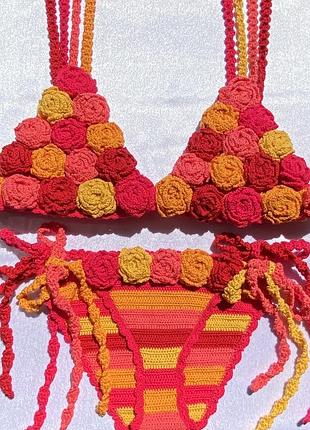 В‘язаний купальник ручної роботи, яскравий купальник з квітами, квітковий купальник жіночий, бікіні, бохо