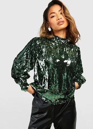 Блуза нарядная кофточка блестящая зеленая изумрудная пайетки boohoo