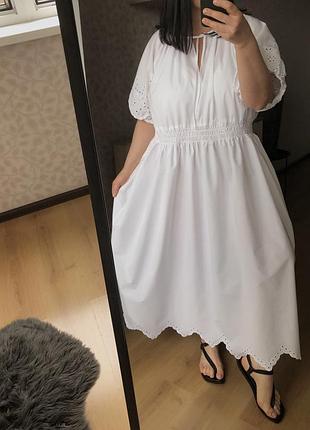 Біла котонова, натуральна, сукня, прошва, плаття на літо, міді, довга h&m, xxl