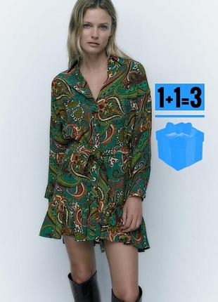 🥰 сукня сорочка з поясом в принт zara m віскоза