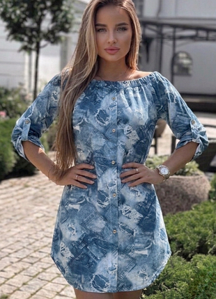 Летнее платье 💙итальянский хлопок 👗 платье под джинс с открытыми плечами 💙 мини-платье джинсовый принт 💙 платье на резинке с рукавом 3/4