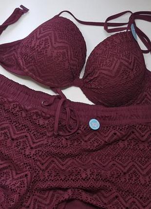 Стильний жіночий купальник бордового кольору (бюст push-up 85c / шорти xl)