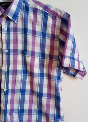Рубашка мужкая классическая в клетку с коротким рукавом синяя фиолетовая белая2 фото