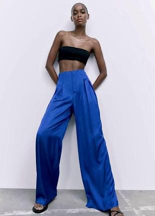 Розкішні сатинові брюки палаццо zara full length satin effect pants  ocean blue