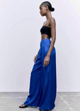 Розкішні сатинові брюки палаццо zara full length satin effect pants  ocean blue