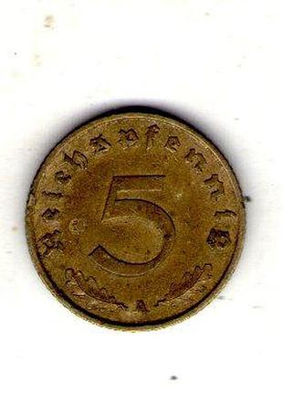 Германия - третий тренер 5 парксфенигов, 1938 год алюминий-бронза, 2.5g, ø 18mm no3726