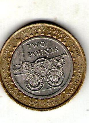Большая британия 2 фунта, 2004 200-т годовщина - первый паровоз ричарда тревисика биметалл, 12g, ø 28.4mno3987