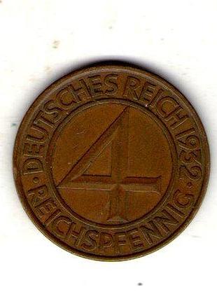 Германия un веймарская парку 4 парксфенига, 1932 год бронза, 4.9g, ø 24.1mm no3604