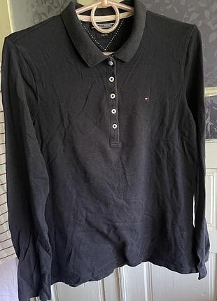 Поло tommy hilfiger довгий рукав, темно-синє slim fit, розмір l