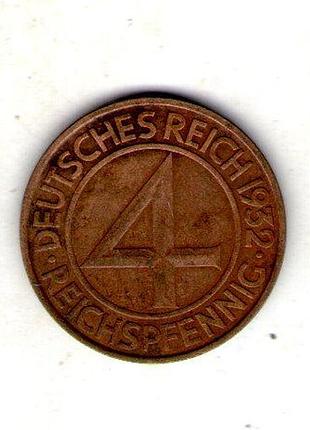 Германия ulermara rosase 4 паркосфенига, 1932 год бронза, 4.9g, ø 24.1mm no3614
