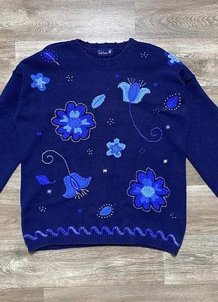 Светр vintage 90s tulchan floral embroidered knit sweater blue size l boho