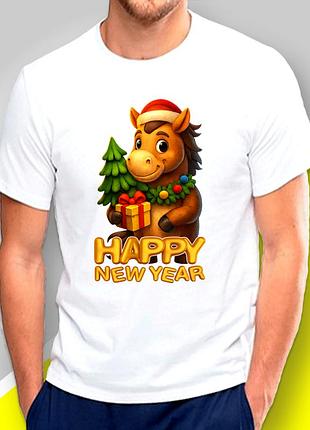 Футболка чоловіча з новорічним принтом "сім'я коней happy new year"