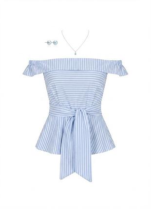 Сине-белый топ в полоску miss selfridge с открытыми плечами и поясом / летняя блуза размер uk 10 (eur 38 / m)