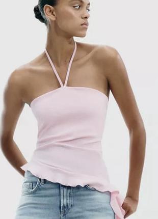 Zara новий топ з воланами , асиметричний , на бік , на завʼязку на шиї, рожевий