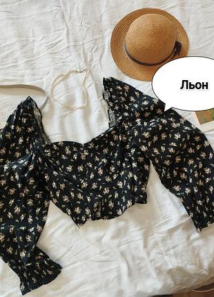 Квіткова лляна блуза h&m з об'ємними рукавами та фігурним вирізом