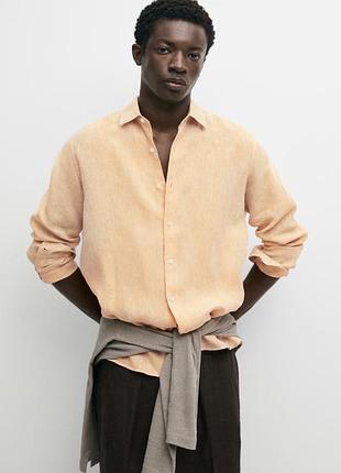 Чоловіча лляна сорочка massimo dutti світло жовто помаранчевого кольору 100% льон розмір l