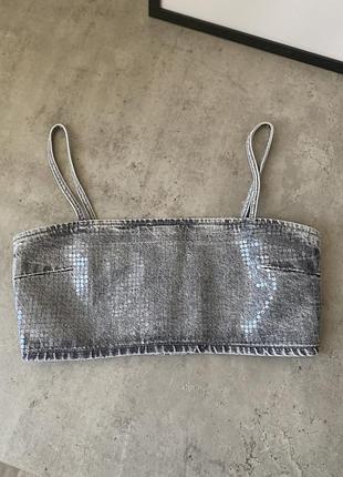 Джинсовий блискучий топ на бретелях zara / джинсовый блестящий топ зара