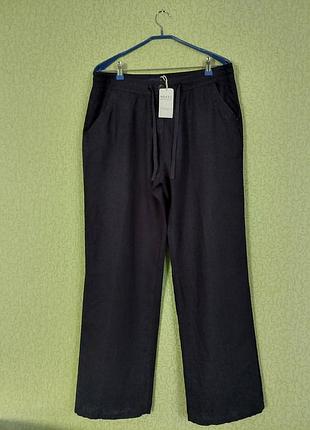 Льняные женские брюки прямого кроя брюки wide leg темно-синего цвета