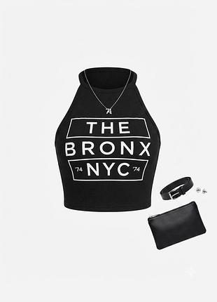 Черный кроп-топ halter amy & ivy / облегающий топ с принтом the bronx nyc размер s
