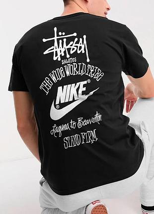 Чоловіча футболка stussy x nike logo чорна унісекс стусі колаборація з найк