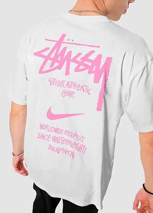 Футболка stussy x nike authentic gear pink logo белая унисекс стусси коллаборация с найк
