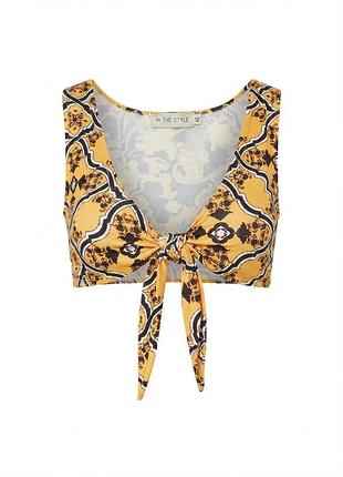 Желтый кроп-топ in the style с узлом и узором майолика / укороченный летний топ с принтом размер 12