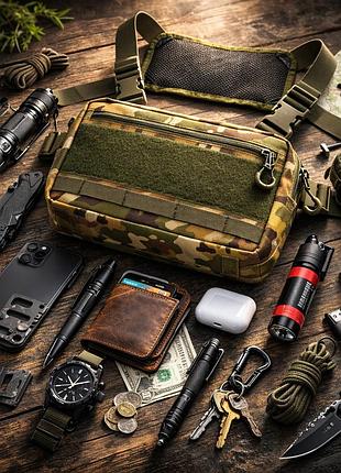 Тактическая нагрудная сумка multicam cordura 1000d с molle и патч-панелью, 5 карманов, 30×20×8 см