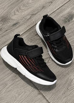 Текстильні кросівки на липучці чорні black/red 16,5 см, 26 розмір