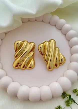 Золоті прямокутні сережки хвилі 💛 stainless steel