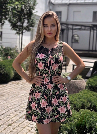 Летнее платье 🌸 натуральная вискоза и кружевная спинка 🌸 tom tailor 👗 летнее мини платье с цветочным принтом ✨ легкое платье на талии xs /s m