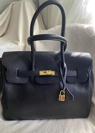 Шкіряна сумка тоут у стилі birkin 35 / made in italy / натуральна шкіра, чорна