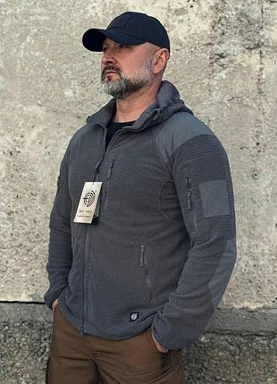 Кофта флисовая han-wild l3 grid fleece серая с капюшоном. мужская флисовая кофта мультикам военная с липучками под шевроны