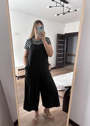 Лляний комбінезон uniqlo оверсайз / кюлоти / літній чорний комбінезон uniqlo (m)
