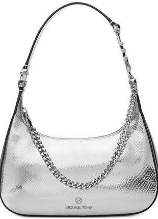 Жіноча сумка michael kors piper small metallic snake-embossed leather shoulder bag у срібному кольорі.
