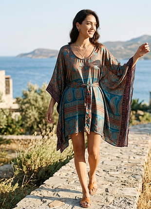 Шовкова туніка з принтом пейслі та поясом (80% шовк)
