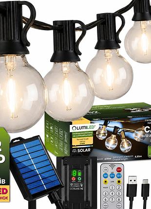Солнечная садовая led гирлянда lumiled callis2 6,55 м, 12 лампочек-шарик, с пультом ду, зарядка usb-c, теплый свет 2700k, ip44
