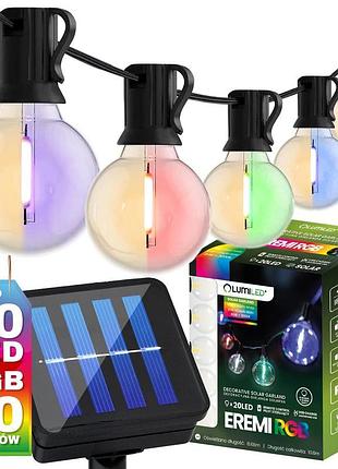 Світлодіодна сонячна rgb гірлянда 20 led лампочок g50, 10.6м, rgb+теплий білий, пульт ду, lumiled eremi