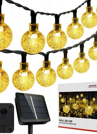 Сонячна гірлянда 30 led-кульок, superled soli — довжина 5,5 м, тепле біле світло, ip65, датчик сутінків, для саду, тераси